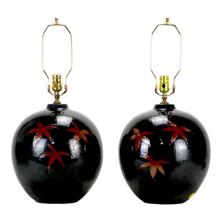 Vintage Black Hand-Painted Maple Leaf Porcelain Jar Table Lamp For Sale
