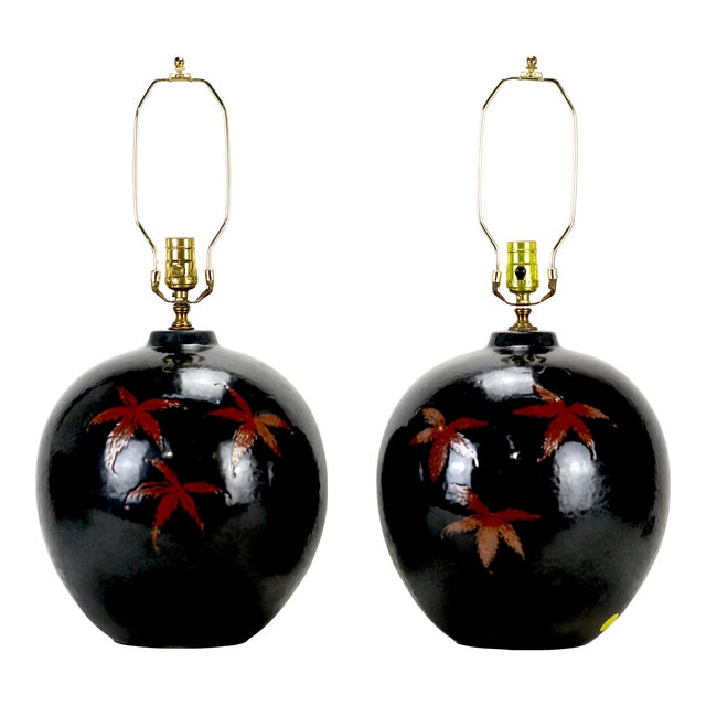 Vintage Black Hand-Painted Maple Leaf Porcelain Jar Table Lamp For Sale