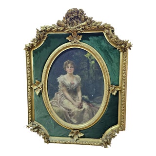 French Louis XVI Style Gold Leaf Portrait Frame With Green Velvet & Floral Ornament – Ornate European Wall Art For Sale