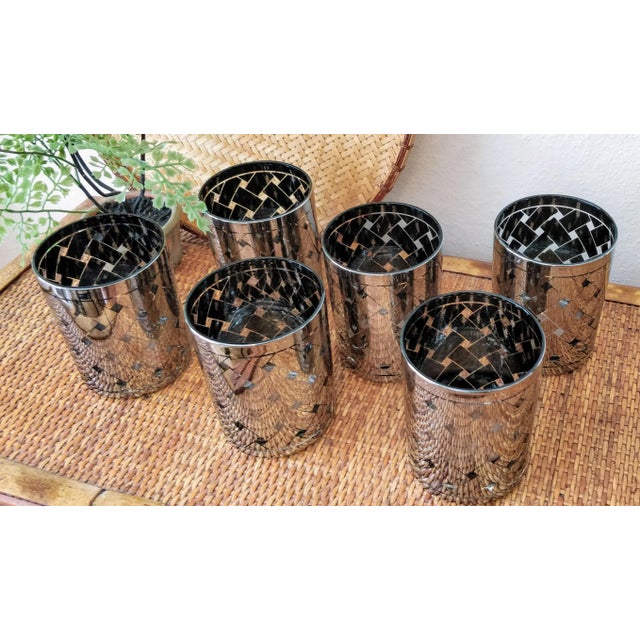 1960s Vintage Silver Basketweave Pattern Low-Ball Glasses Herringbone For Sale - Image 5 of 8