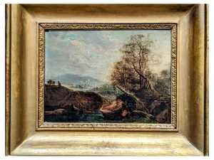 Landscape with Man and Donkey, 1800s, Oil on Wood, Framed