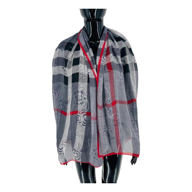 Burberry Grey Printed 100% Silk Scarf For Sale