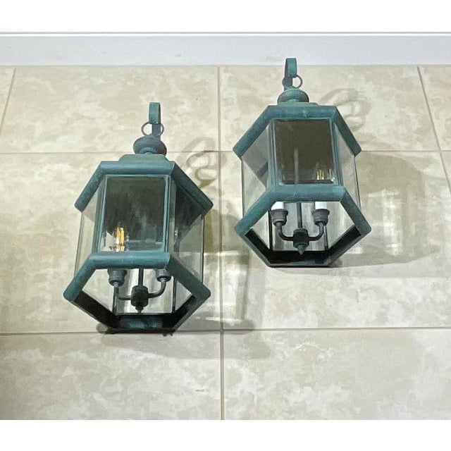 Pair of Solid Brass Outdoor Wall Lantern Sconces – Vintage Aged Verdigris For Sale - Image 10 of 15