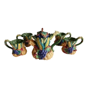 Vintage French Country Farmhouse Ceramic Tea Set "Harvest Home" by Fitz and Floyd - 5 Pieces