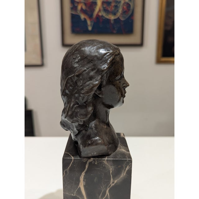Metal Antique French Bronze Child Bust on Black Marble Base For Sale - Image 7 of 9