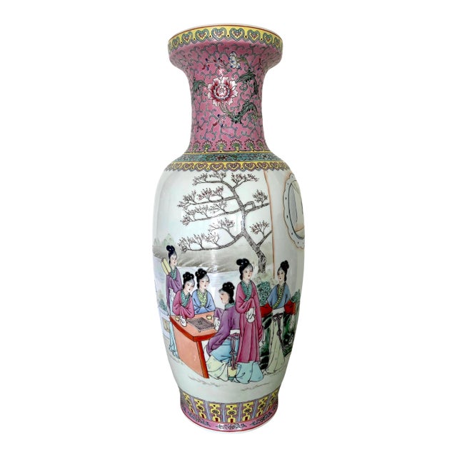 Ladies in the Summer Garden, Large Chinese Qianlong Famille Rose Baluster White Porcelain Floor Vase, Republic Period, Wood Stand For Sale