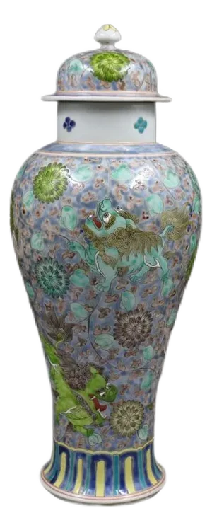 Antique Chinese Ceramic Pot Qing Dynasty Kangxi Marked Famille Rose Porcelain Ginger Jar Hand Painted Foo Dogs Pattern