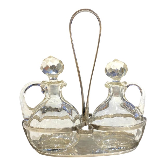 Mid 20th Century Arthur Krupp Milano Oil and Vinegar Glass and Silverplate Cruet Set - 3pcs, Gio Ponti Style For Sale