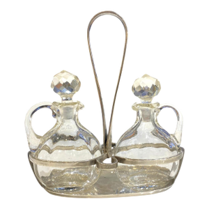 Mid 20th Century Arthur Krupp Milano Oil and Vinegar Glass and Silverplate Cruet Set - 3pcs, Gio Ponti Style