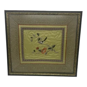 Vintage Japanese Framed Silk Embroidered Panel With a Singing Bird on a Cherry Blossom Tree Limb Design