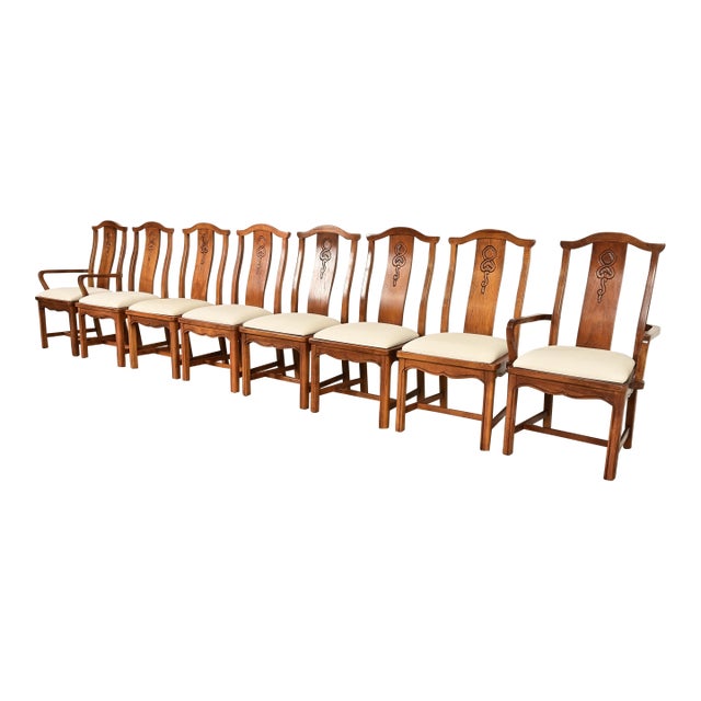 Thomasville Mid-Century Hollywood Regency Chinoiserie Carved Walnut Dining Chairs, Set of Eight For Sale
