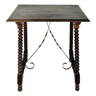 Spanish Barley Twist Side Table with Wrought Iron Stretchers, 1930s For Sale