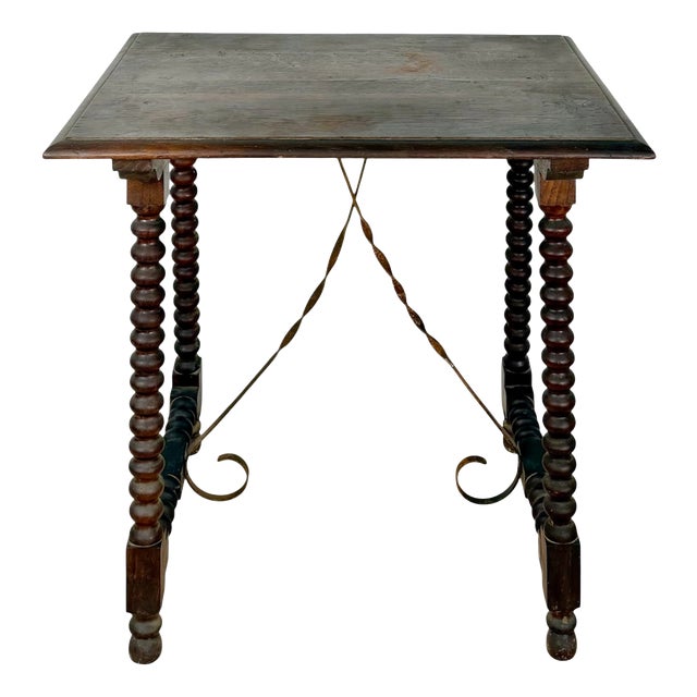 Spanish Barley Twist Side Table with Wrought Iron Stretchers, 1930s For Sale