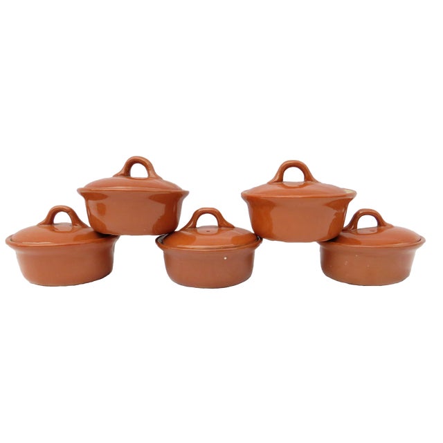 Charming set of five vintage terracotta lidded ramekins for display, cooking, or serving. With their rustic Mediterranean...