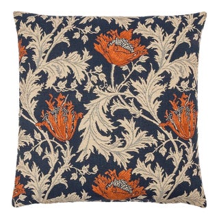 Morris Anemone Blue Rust Tapestry Cushion With Feather Filler - 46x46cm (18"x18") For Sale