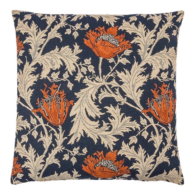 Morris Anemone Blue Rust Tapestry Cushion With Feather Filler - 46x46cm (18"x18") For Sale