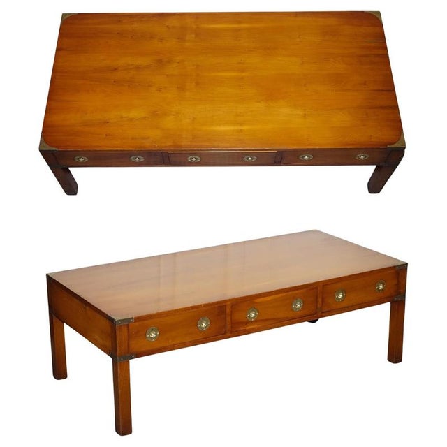 Vintage Military Campaign Burr Yew Wood and Brass 3-Drawer Coffee Table For Sale - Image 16 of 16