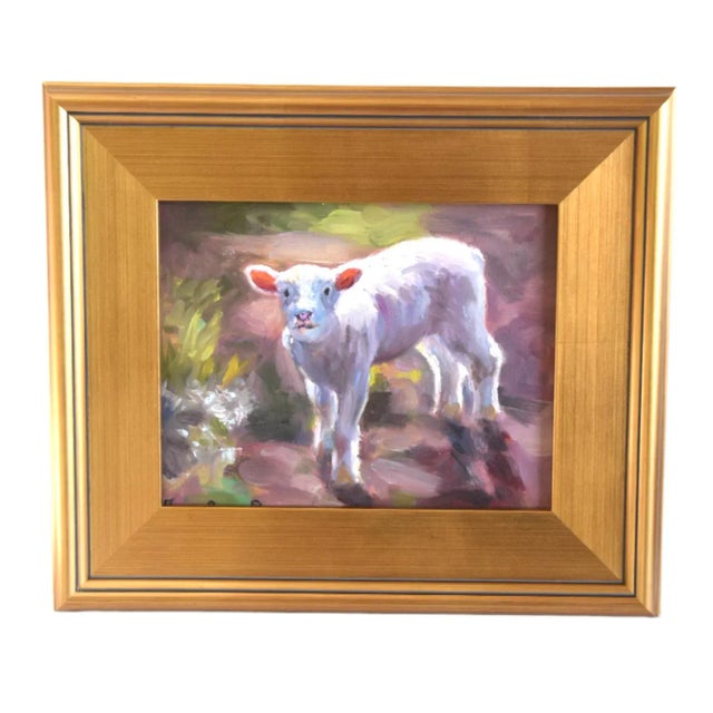 Wood Farmhouse Farm Baby White Lamb Sheep Oil Painting Including the Antiqued Gold Wood Frame For Sale - Image 7 of 7