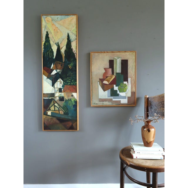 Cubism 1975 Modernist 'Cubist Hillside' Vintage Swedish Landscape Oil Painting, Framed For Sale - Image 3 of 10