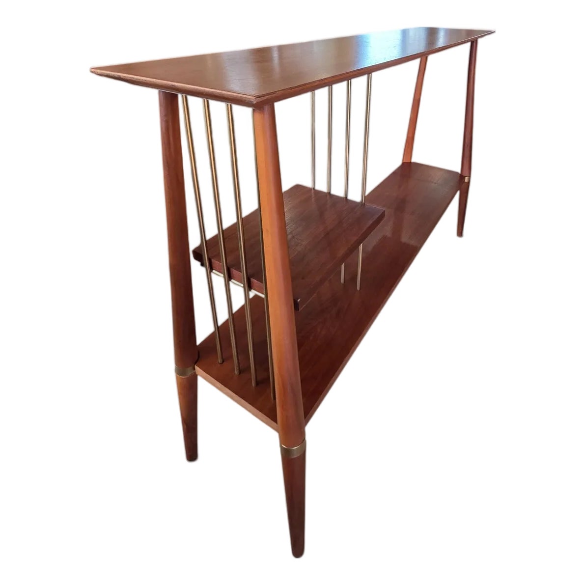 Mid Century Modern Walnut Console Table With Brass Spindles, Vintage ...