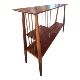 Mid Century Modern Walnut Console Table With Brass Spindles, Vintage Entryway Table For Sale