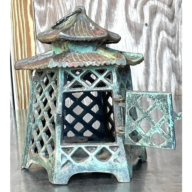 Metal Vintage Asian Wrought Iron Pagoda Lantern For Sale - Image 7 of 12