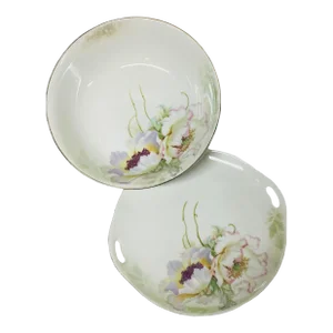 1940s German Hand Painted Peonies Serving Bowl and Tray by Kloster Vessra Klv 22- 2 Pieces