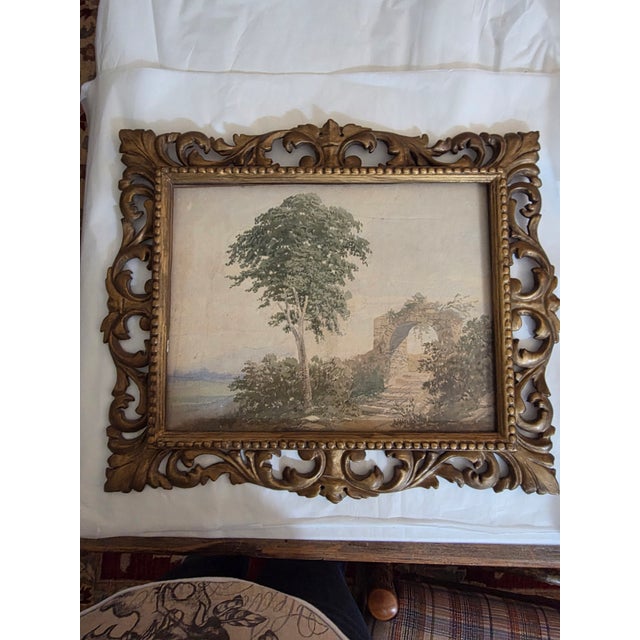 Beautiful antique Italian watercolor landscape in giltwood frame.