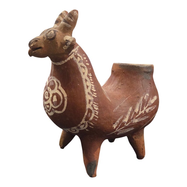 Peruvian Folk Art Llama Pottery Vessel Hand Painted Clay Sculpture 7.5" For Sale
