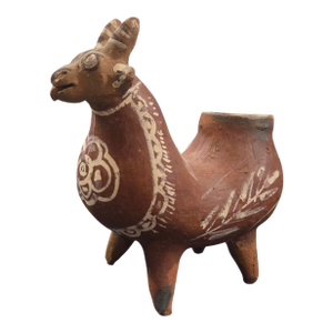 Peruvian Folk Art Llama Pottery Vessel Hand Painted Clay Sculpture 7.5"