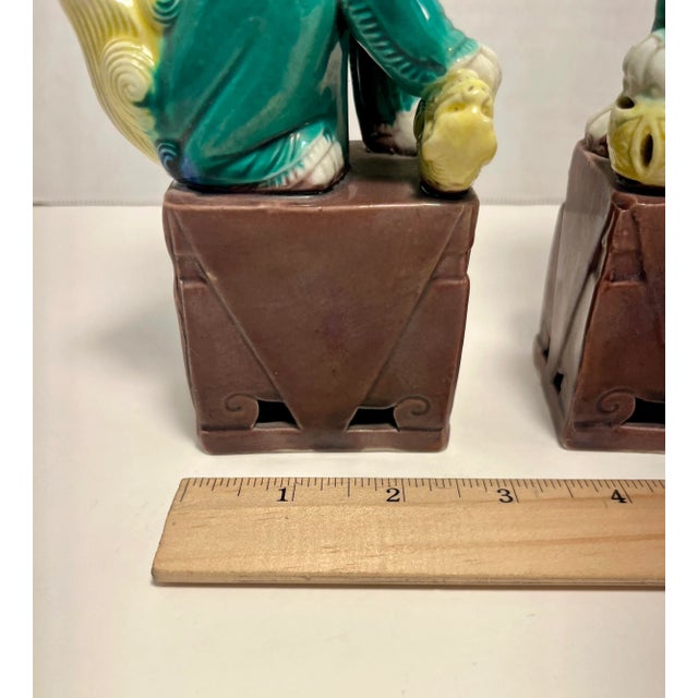 Ceramic Pair of Vintage Chinese Hand Painted Glazed Pottery Foo Dogs, Marked For Sale - Image 7 of 8