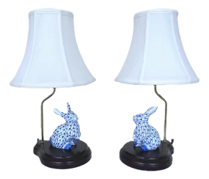 Late 20th Century Petite Bunny Rabbit Table Lamps Blue & White Fishnet - a Pair