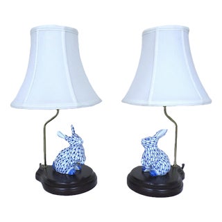 Pair of Petite Bunny Rabbit Table Lamps Blue & White Fishnet For Sale