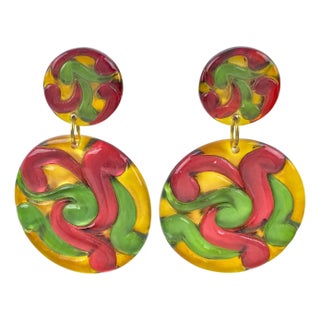 Multicolor Red, Yellow and Green Lucite Disk Dangling Clip-on Earrings For Sale