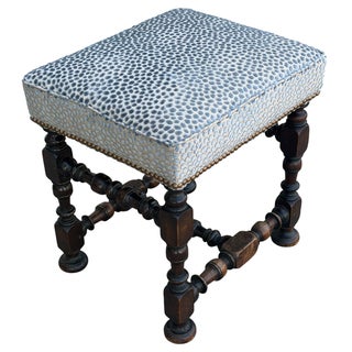 Antique 18th C William & Mary Walnut Ottoman Footstool W Blue Cheetah Velvet For Sale