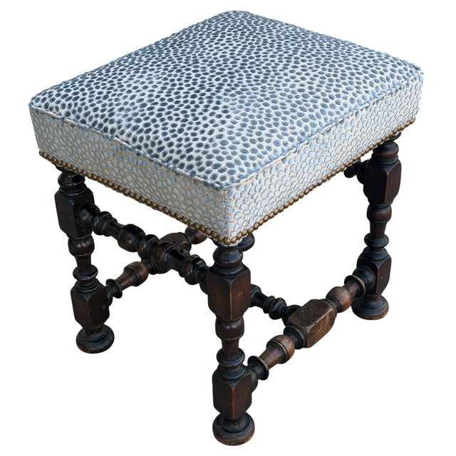 Antique 18th C William & Mary Walnut Ottoman Footstool W Blue Cheetah Velvet For Sale