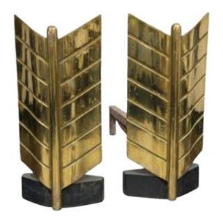 Exceptional Donald Deskey “Arrow Fletching” Brass Andirons for Bennett — Rare Mid-Century Modern Design, Circa 1950 For Sale
