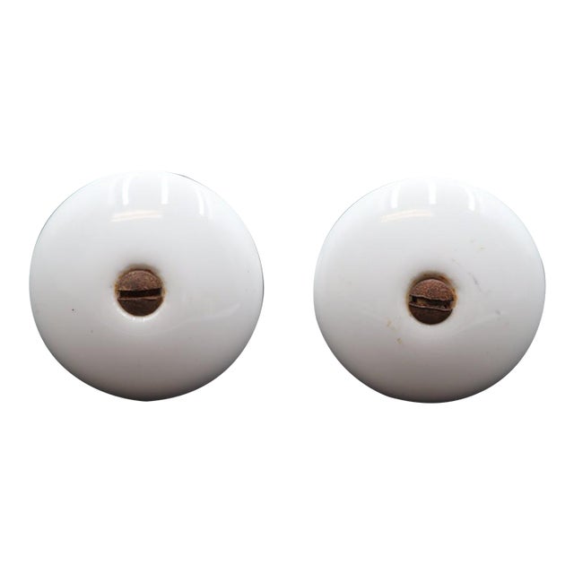 Pair of Vintage 1.25 In. White Ceramic Round Cabinet Knobs For Sale