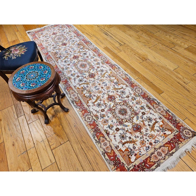 Vintage Tabriz Runner, Fine Hand-Knotted Wool & Silk, Floral Design, Ivory & Red, 3x11 For Sale In Chicago - Image 6 of 16