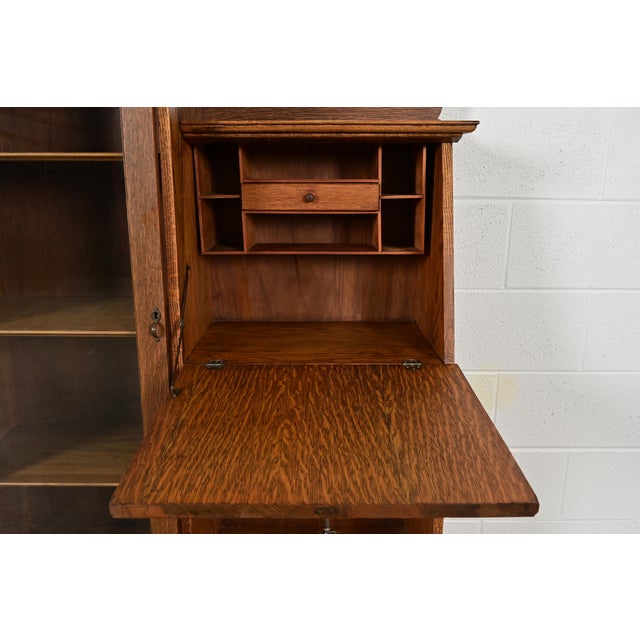 Wood Antique Victorian Carved Tiger Oak Side-by-Side Bookcase With Drop Front Secretary Desk by Larkin Co., Circa 1900 For Sale - Image 7 of 16