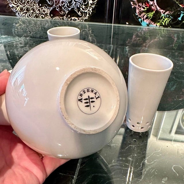 White Vintage 1990s Arzenal Mod White Porcelain Teapot Infuser Two Pierced Cups Unused For Sale - Image 8 of 10