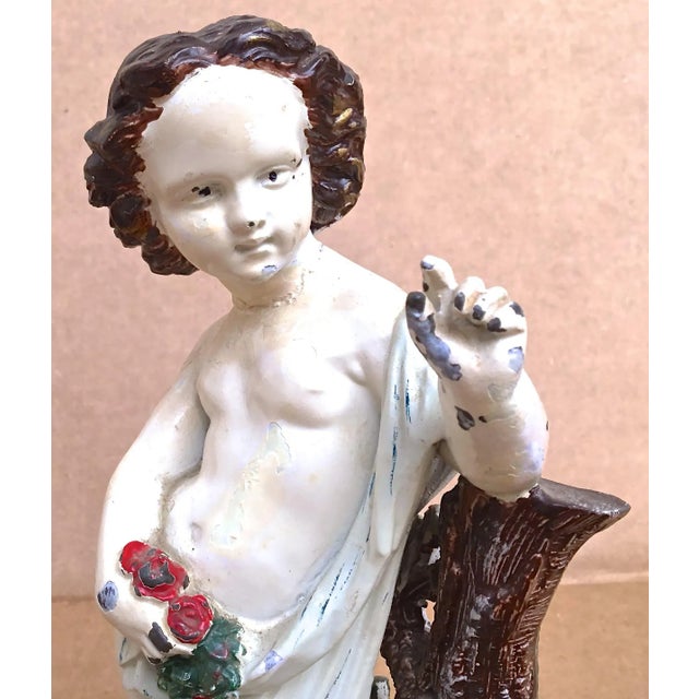 19th Century Antique Painted Cast Iron Cherub With Flowers For Sale - Image 5 of 6