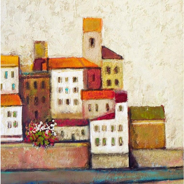 Paint 20th Century Warm-Toned Abstract Modern Village by the Ocean With Boats Landscape by David Adickes For Sale - Image 7 of 14