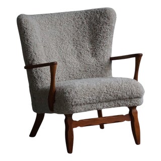 Vintage Lounge Chair in Oak and Shearling Lambswool by Viggo Boesen, 1950s For Sale