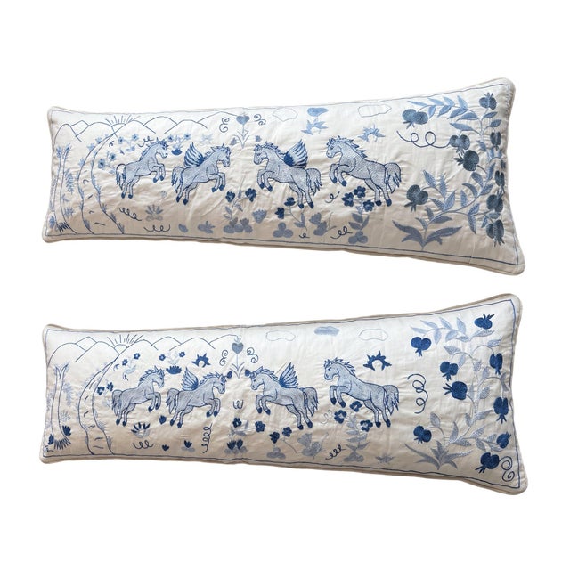 Mid-Century Modern White Horse Suzani Lumbar Pillow Cover 18'' X 56'' - Set of Two For Sale - Image 3 of 4