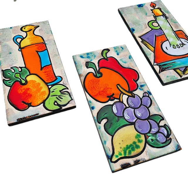 1970s Hand-Painted Ceramic Tiles from Vallauris, 1980, Set of 3 For Sale - Image 5 of 11