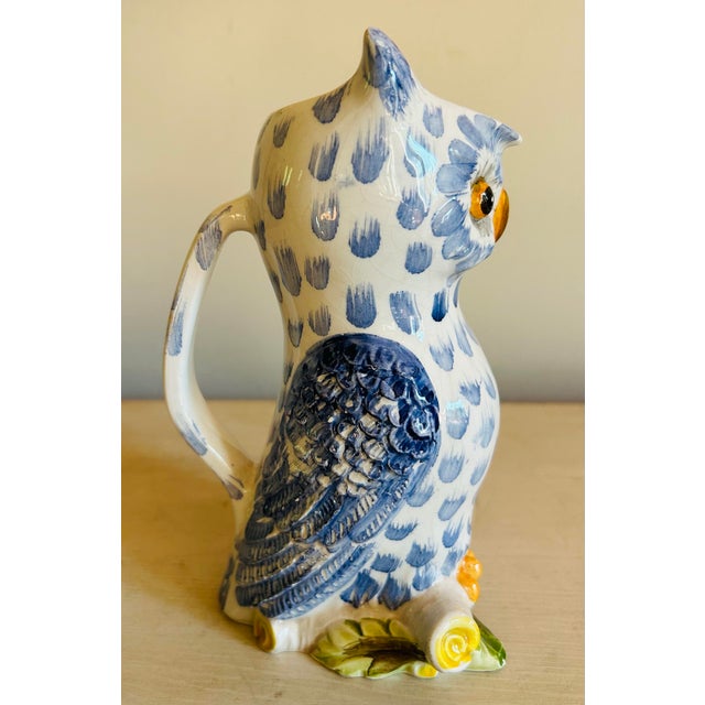 Ceramic Vintage Mid Century Blue & White Hand Painted Ceramic Owl Pitcher For Sale - Image 7 of 11