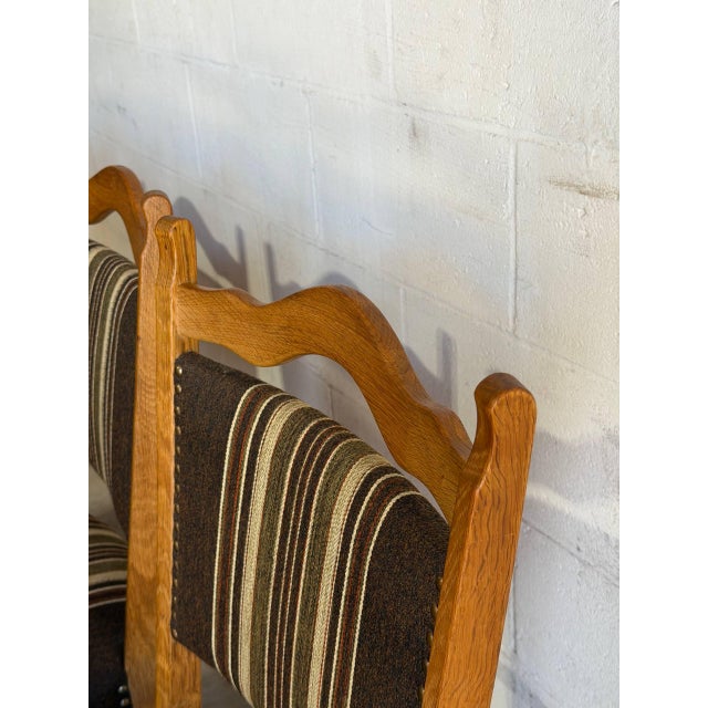 In Style of Henning Kjærnulf Oak Dining Chairs Set of 6 With Striped Upholstery 1970s For Sale - Image 4 of 11