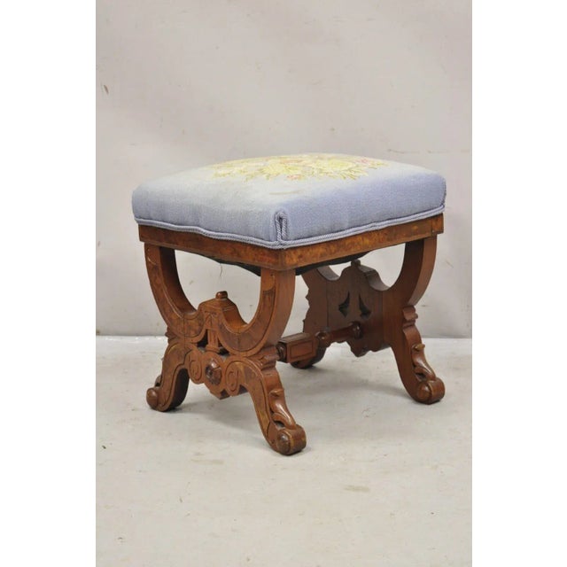 Antique Eastlake Victorian Burl Walnut Carved Curule Footstool Ottoman For Sale - Image 10 of 11