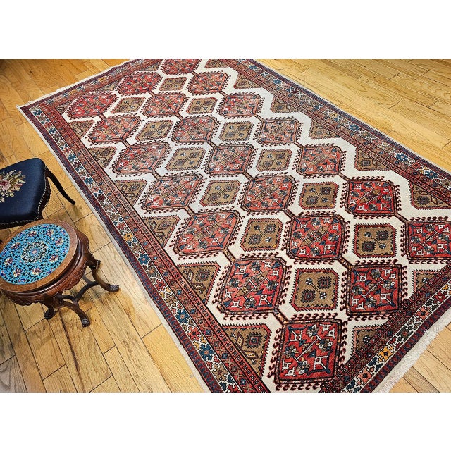 Vintage Persian Malayer Gallery Rug, Hand-Knotted Wool, Geometric Pattern, 7x13, Ivory & Red For Sale - Image 13 of 14
